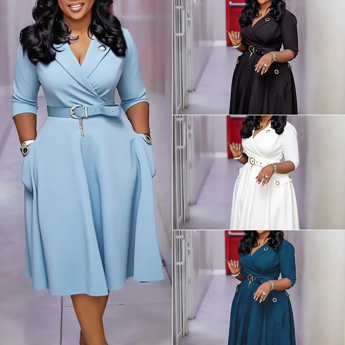 D3341 Trendy Career Dresses Women Casual Elegant Half Sleeve Suit V Collar Office Dresses Women Formal Work African Dresses