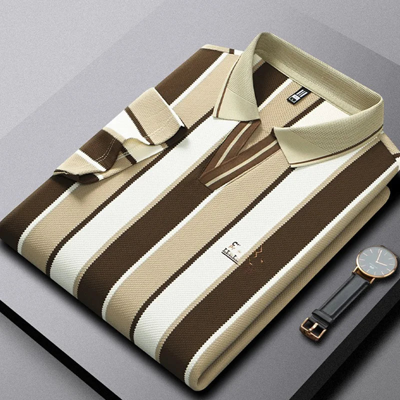 Summer Striped Short-sleeved Top with V-neck, Embroidered, Business Casual Men's Loose T-shirt, Office Shirt, Polo Shirt