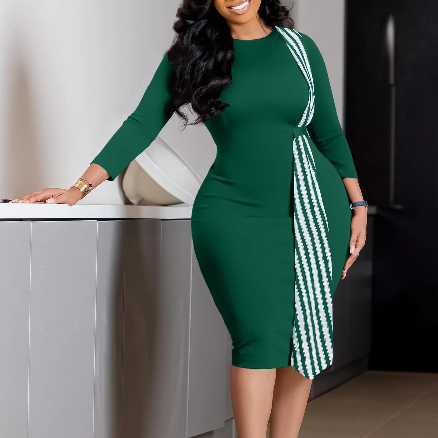 Latest Style Slim Long Sleeve Official Ladies Stretchy Skin Body Fit Straight Fashion Formal Work African Career Dress for Women