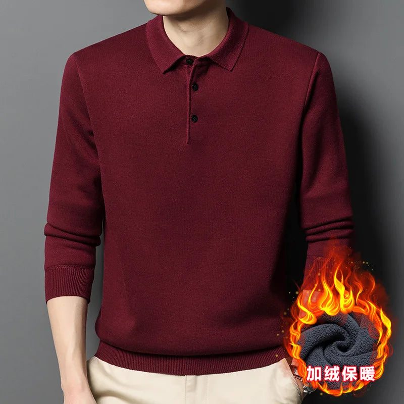 Men's Formal Winter Lapel Machine Washed Velvet Thickening Knit Top and Bottom for Polo Shirt Plus Size Warm Style