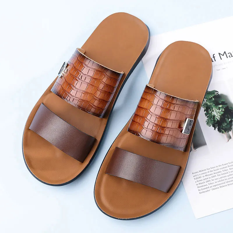 Men's Large Size Casual Summer Sandals Comfortable Open-Toe Outdoor Slippers Embroidery PU Upper Breathable
