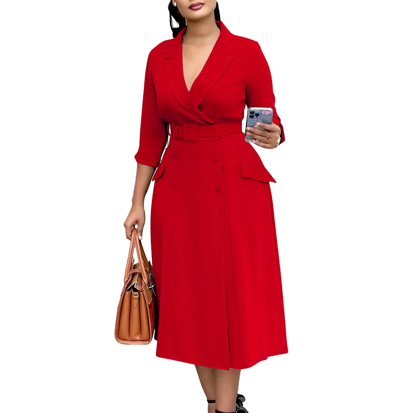 D3294 Trendy Autumn Dresses Women Casual Elegant Double Breasted Three Quarter Suit Collar Office Lady Formal Dress for Women