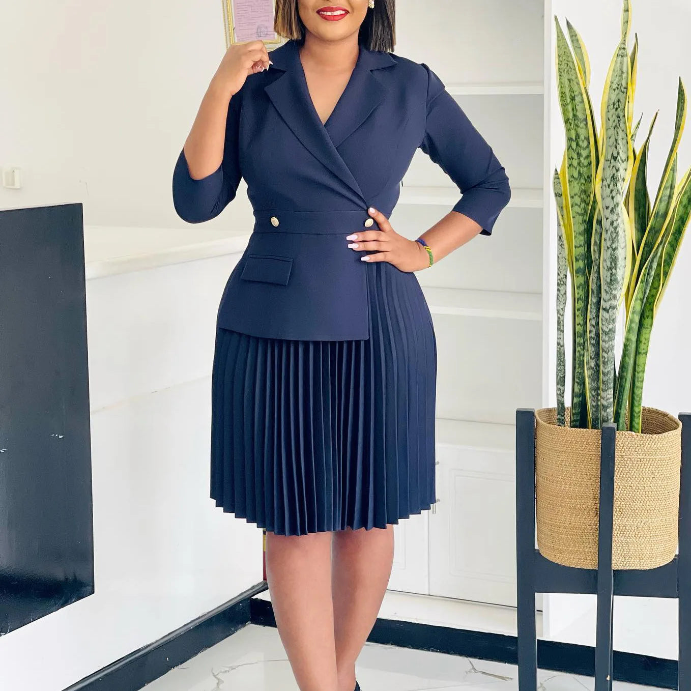 Wholesale Clothes Women Plus Size Lady Office Wear for Women Formal Business Dress Button Decoration Career Official Dressing