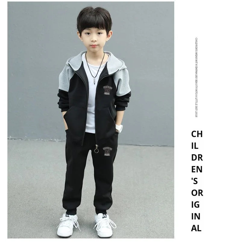 Autumn and Spring New Style Boys' Casual Sports Two-Piece Hooded Cardigan Sweatshirt Jacket Set for Kids