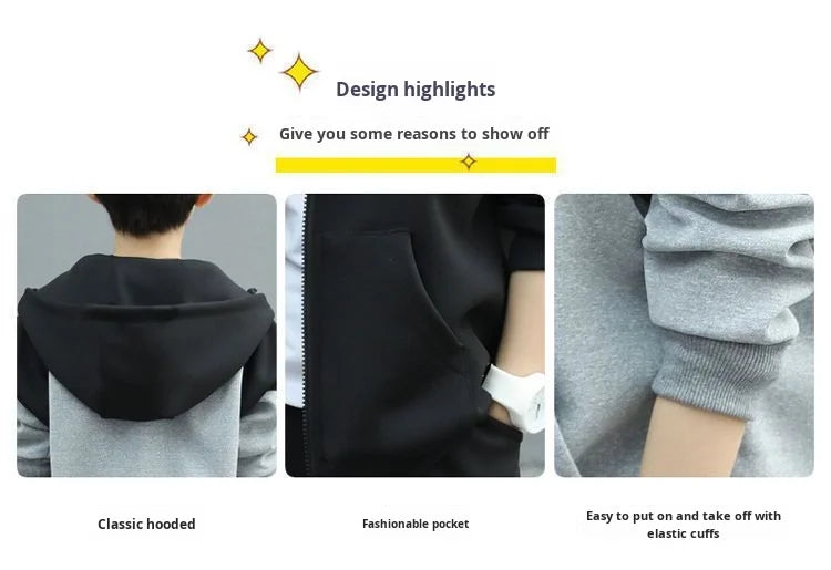 Autumn and Spring New Style Boys' Casual Sports Two-Piece Hooded Cardigan Sweatshirt Jacket Set for Kids