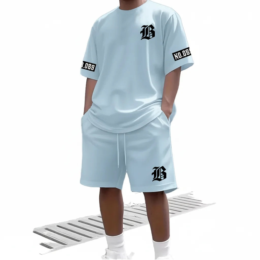 oem Custom Mens Summer Casual 2-piece T-shirt Set || Breathable 100% Polyester Digital Print Streetwear || Private Label