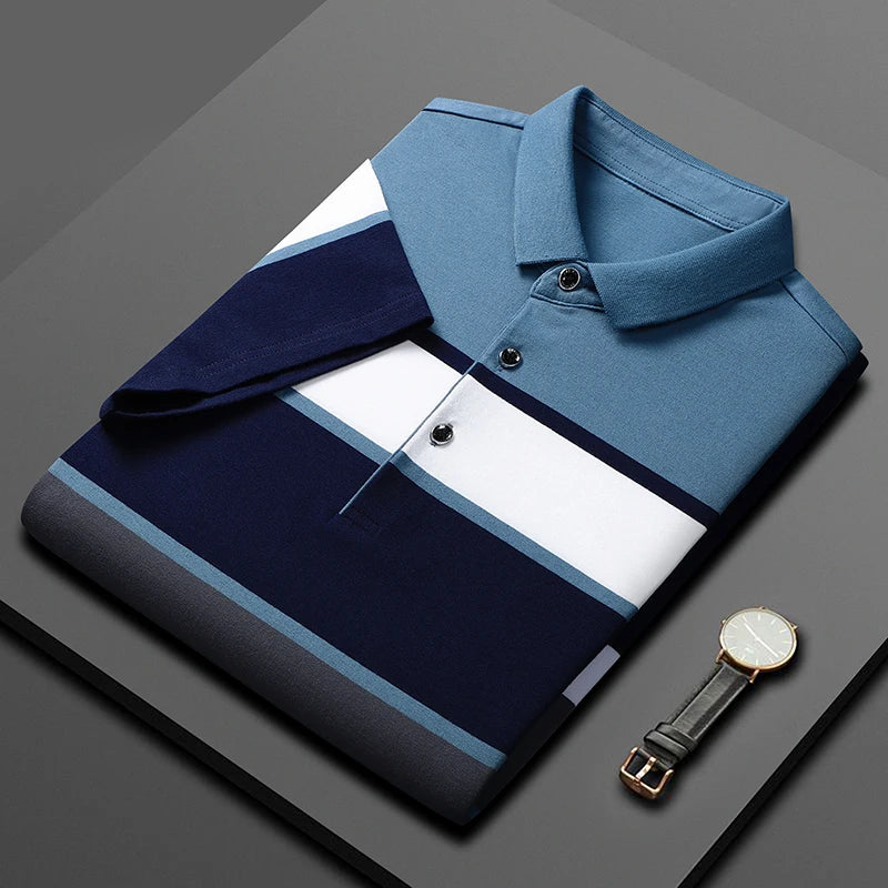 ANSZKTN Summer New High-quality Men's Striped Short Sleeve T-shirt Cotton Thin Style Business Lapel Polo Shirt