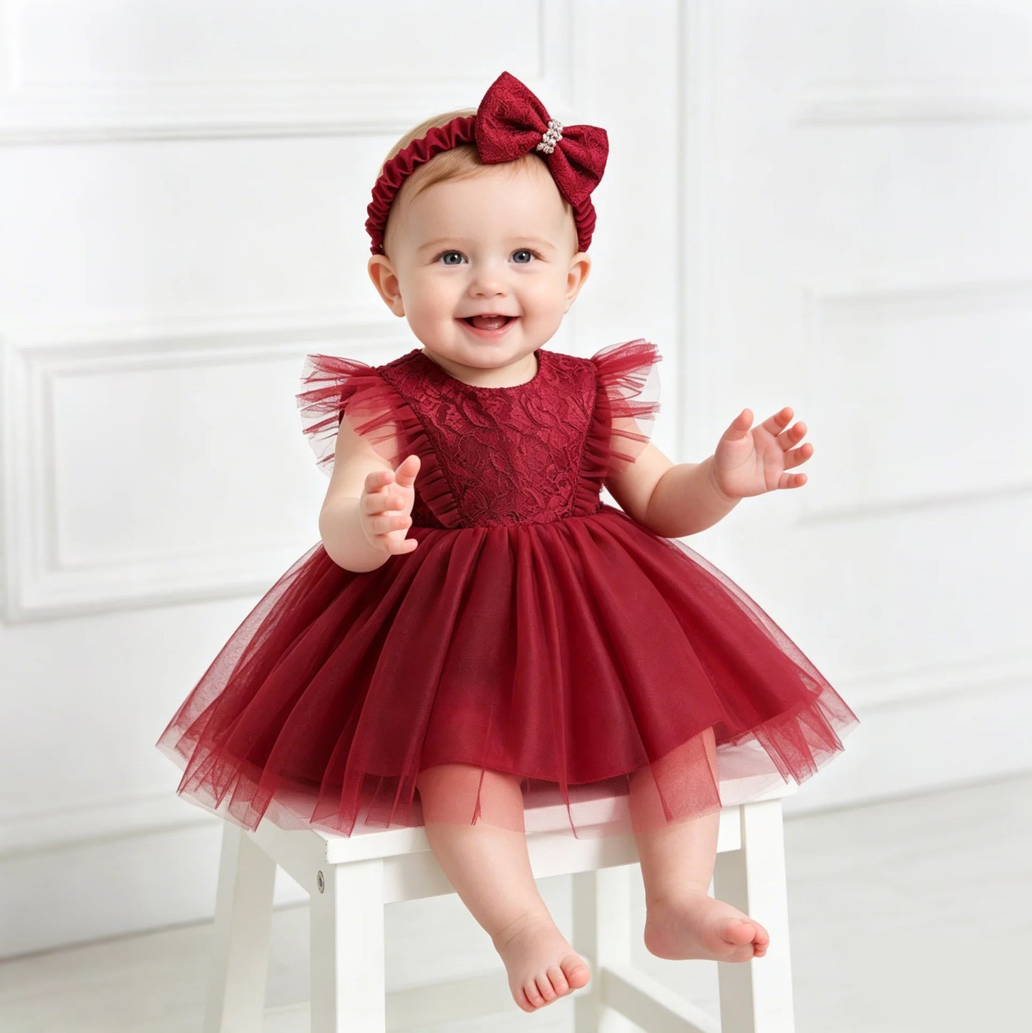 High Quality Ruffle Lace Baby Girls Boo Dress Newborn Photoshoot Red Oldrose Party Wedding Dress for 8 Months Kids in Guangzhou
