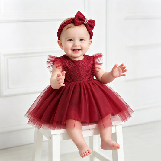 High Quality Ruffle Lace Baby Girls Boo Dress Newborn Photoshoot Red Oldrose Party Wedding Dress for 8 Months Kids in Guangzhou