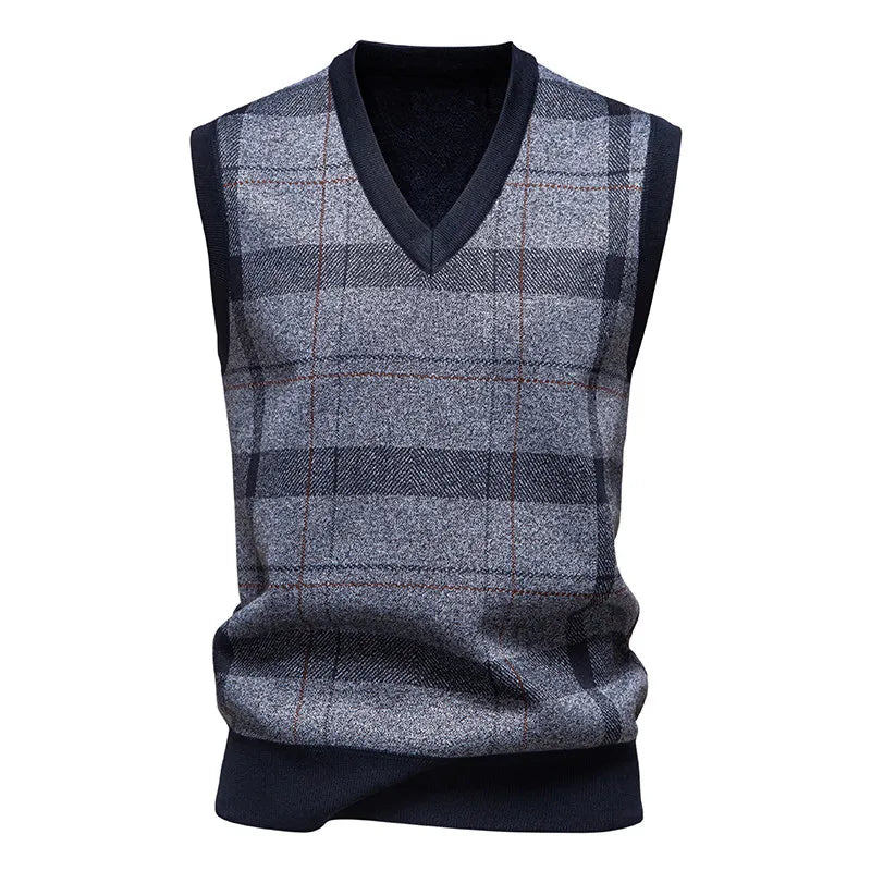 Autumn Winter Dad Style Checkered Cardigan Sweater Vest for Men Fleece-Lined Casual Pullover Loose Fit for Middle-Aged Elderly