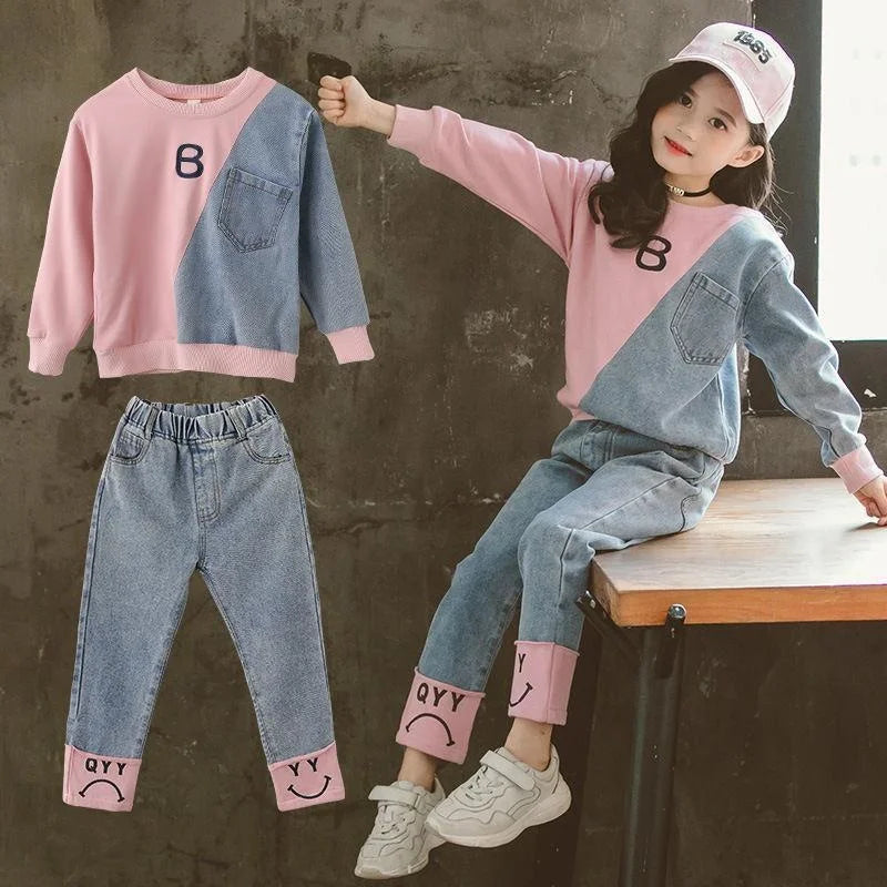 Winter Girls Clothing Sets Denim Kids Tracksuit Long Sleeve Sweater Jeans Trousers Sport Suits for Girl Baby Clothes