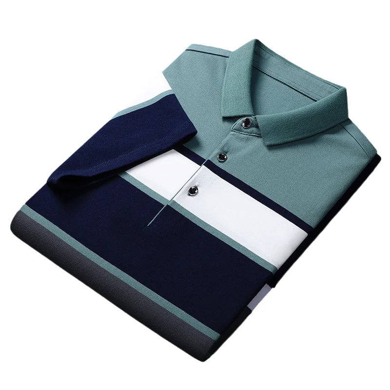 ANSZKTN Summer New High-quality Men's Striped Short Sleeve T-shirt Cotton Thin Style Business Lapel Polo Shirt