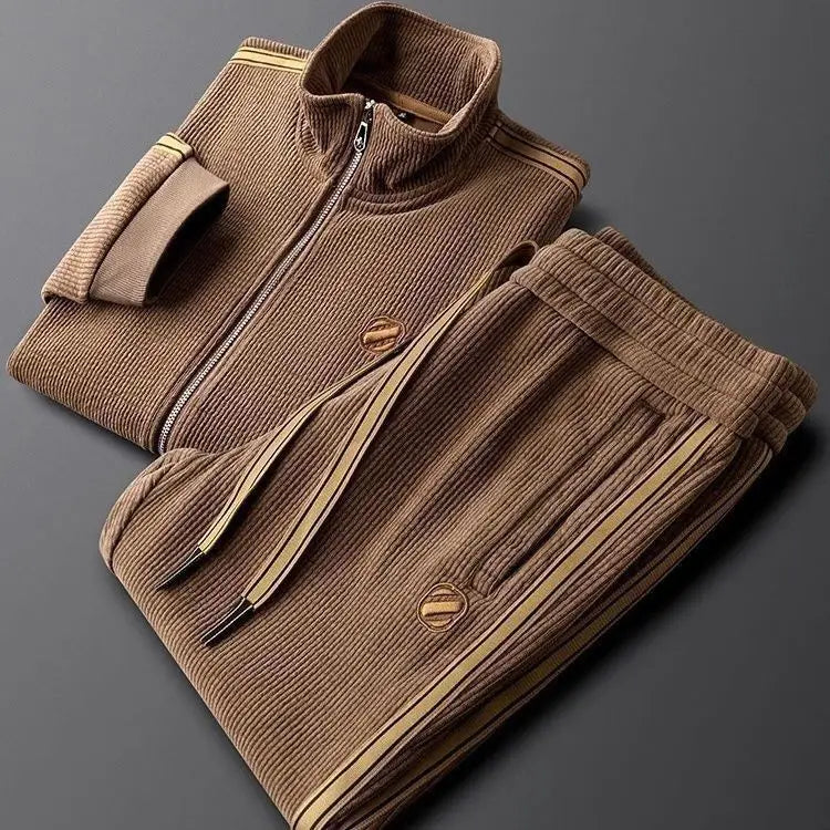 Light Luxury Autumn Thermal Solid Color Casual Sporty Sports Suit Slim-fit Fashionable Jacket Men's Patchwork Two-piece Set 100%