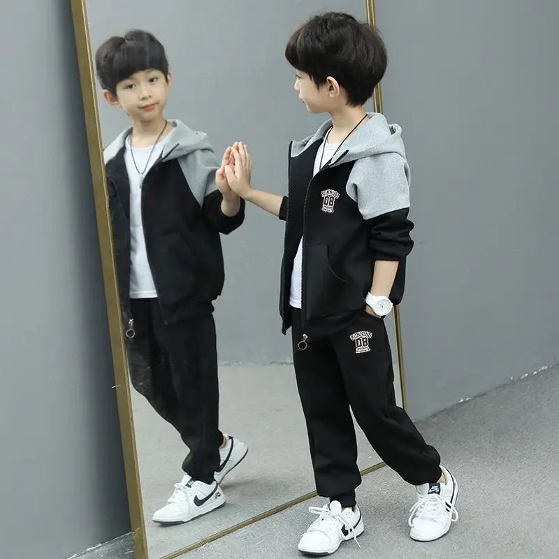 Autumn and Spring New Style Boys' Casual Sports Two-Piece Hooded Cardigan Sweatshirt Jacket Set for Kids