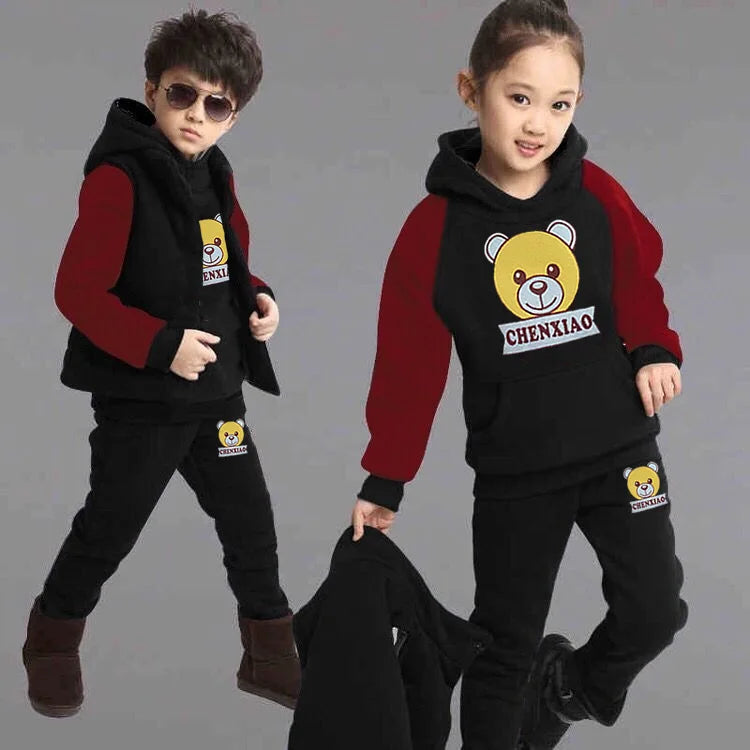 Autumn Winter Children's Casual Three-Piece Outfit Boys Girls Fleece Warm Tops Pants Vest Cartoon Pattern Kids Clothing Sets