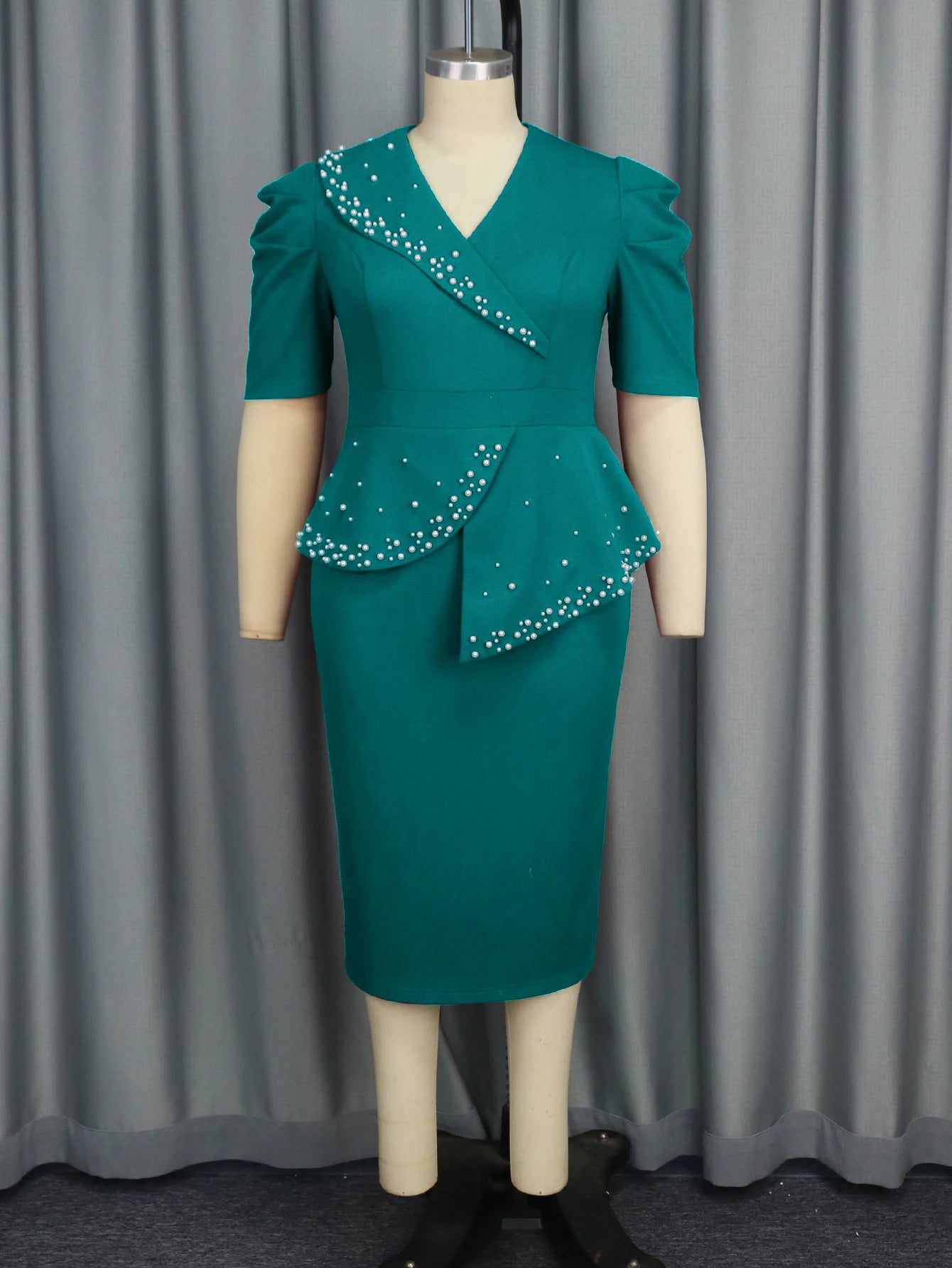 women clothes Half Sleeve V Neck Asymmetric Peplum Beaded Office Lady Career Dresses