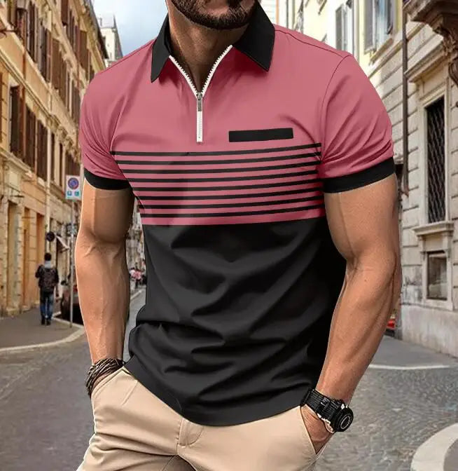 Custom Design Men's Zipper Collar T-shirts Printed Fashion Striped Business Casual Short Sleeve Polo Shirts