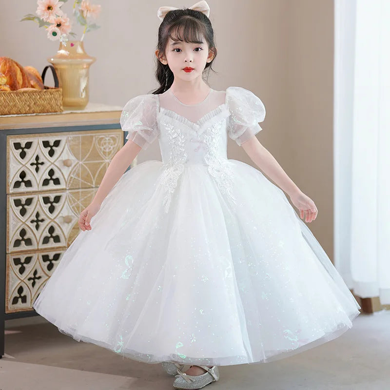 Elegant Princess Lace Dress Kids Flower Embroidery Dresses for Girls Vintage Children Dresses for Christmas Party Red Ball Gown