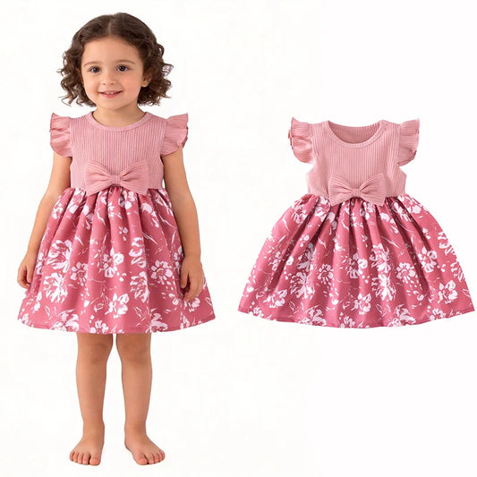 Toddler Girls Casual Floral Print Sleeveless Knee-Length Dress Bow Ruffle Chiffon Patchwork Summer Soft Stretchy Kids Clothes