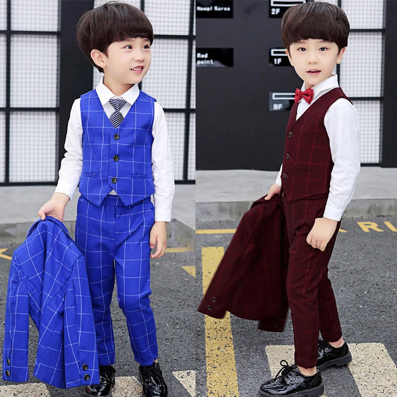 High Quality Boys Plaid Wedding Suit Kids Tuxedos Formal Dress Child Morning Coat Blazer Clothes Sets Toddler Gentlemen Costumes