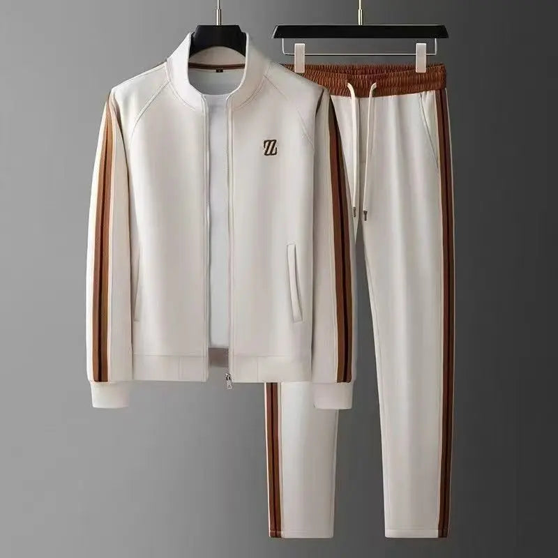 Men's Spring Solid Vertical Collar Casual Sports Suit Trendy Fashion Sportswear Long Sleeve Straight Pants Two-piece Set 100%
