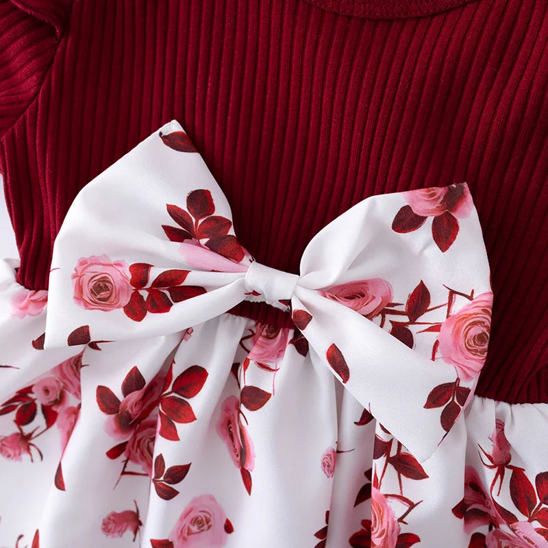 Toddler Girls Knee-Length Long Sleeve Floral Print Dress with Bow Ruffle Casual Soft Stretchy ODM Kids Clothes