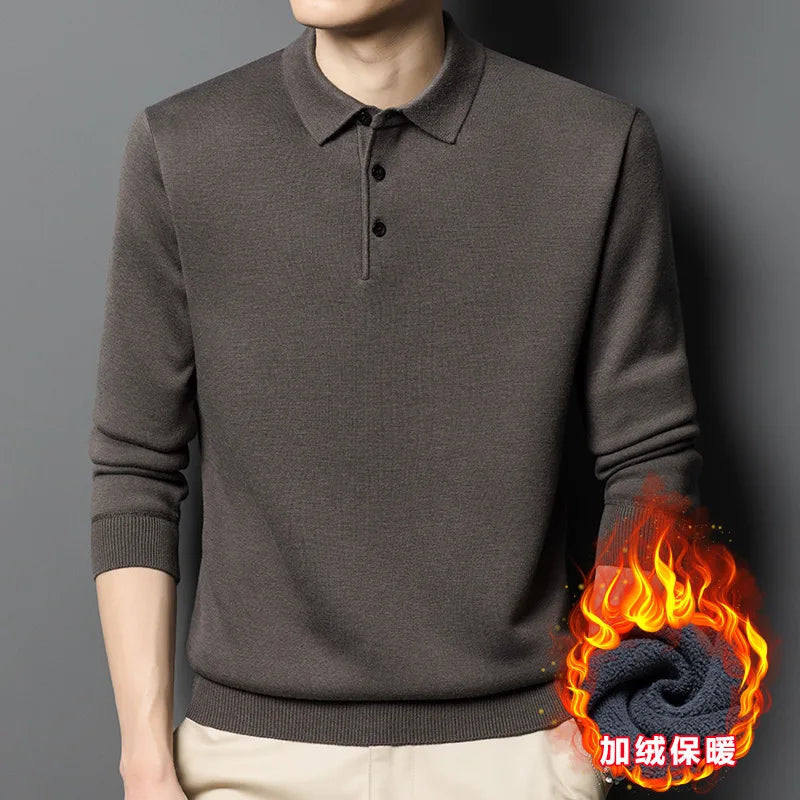 Men's Formal Winter Lapel Machine Washed Velvet Thickening Knit Top and Bottom for Polo Shirt Plus Size Warm Style