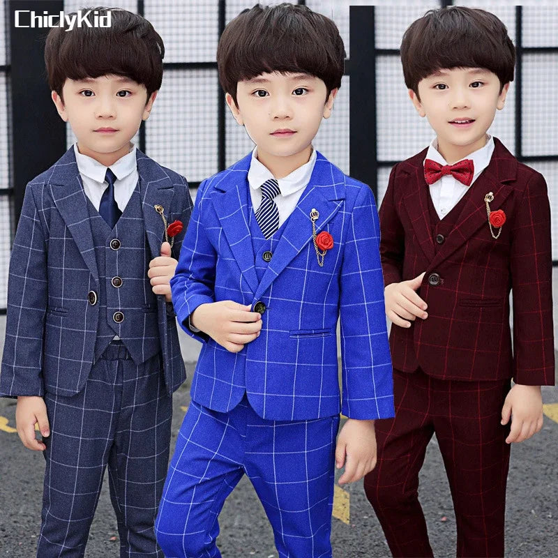 High Quality Boys Plaid Wedding Suit Kids Tuxedos Formal Dress Child Morning Coat Blazer Clothes Sets Toddler Gentlemen Costumes