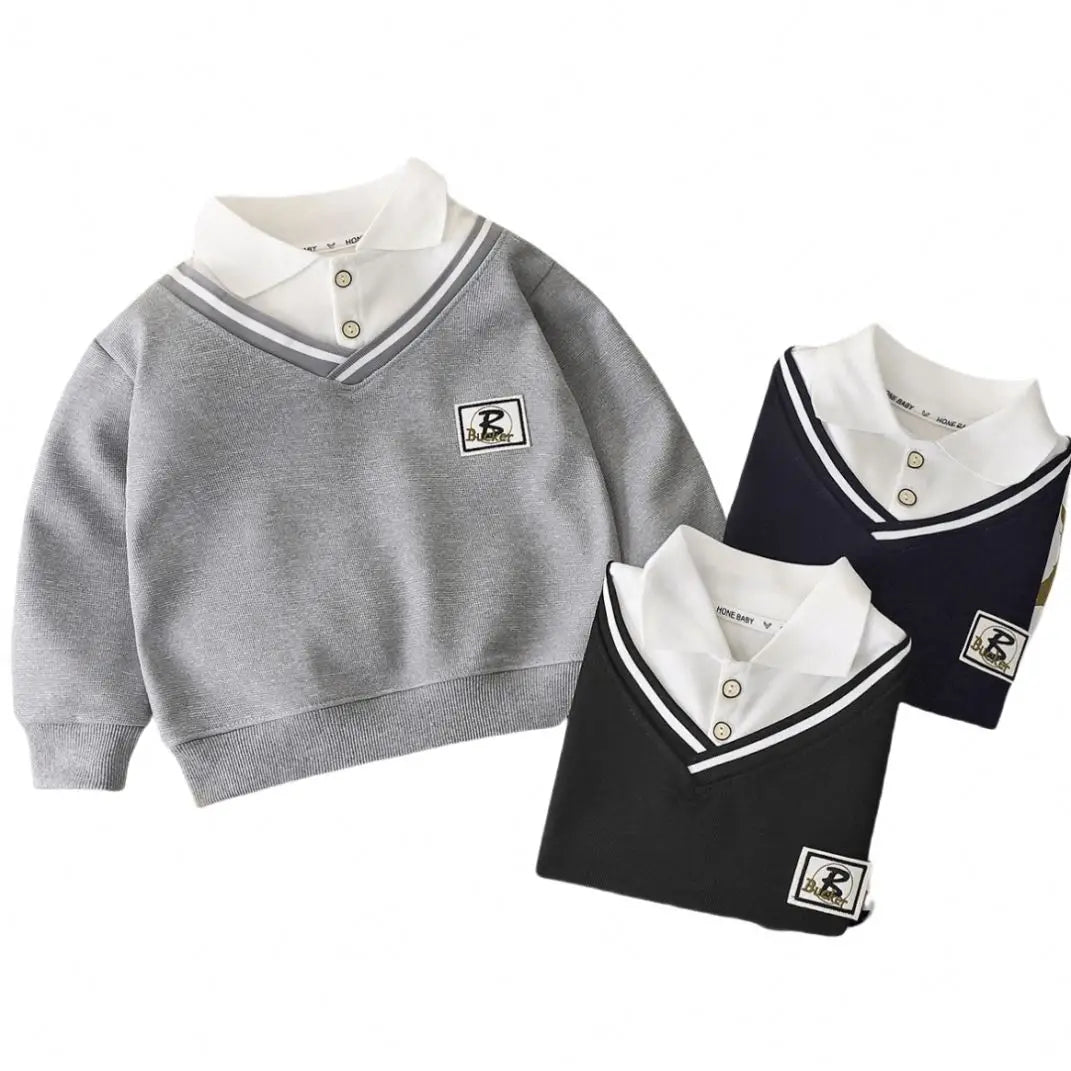 Toddler Boys Hoodies Sweatshirt Boys Sweatshirts Fashionable Lapel POLO Shirt False Two Pieces Available in Large Sizes