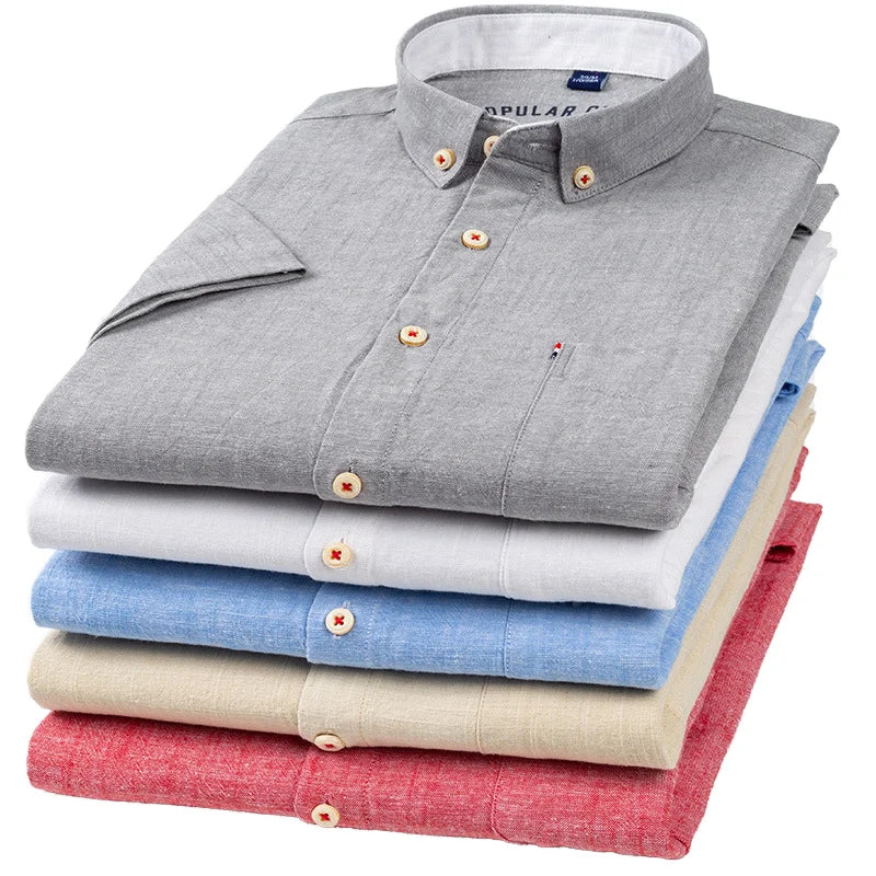 Men's Casual Cotton Linen Knitted Yarn Dyed Short-Sleeved Shirt New Generation Summer Collection Breathable Sweat-Absorbent