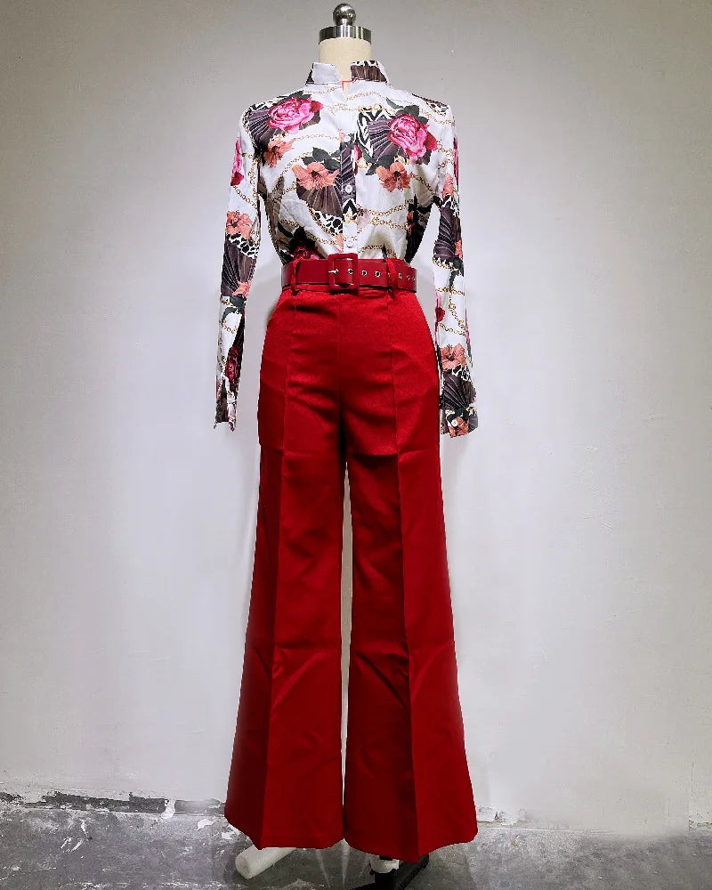 2026 Spring New Sweet Style Women's Stand up Collar Long Sleeve Shirt and Pants Printed Casual Fashion Two Piece Set