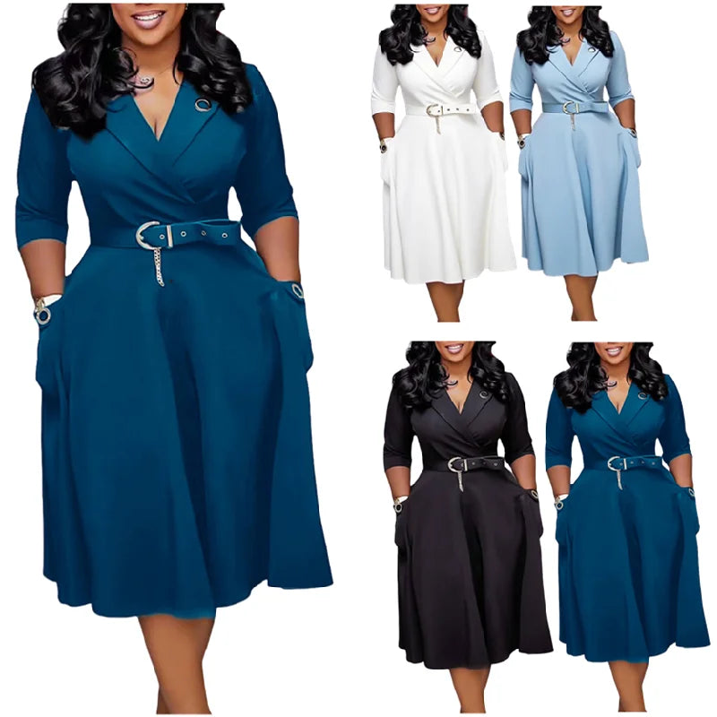 D3341 Trendy Career Dresses Women Casual Elegant Half Sleeve Suit V Collar Office Dresses Women Formal Work African Dresses