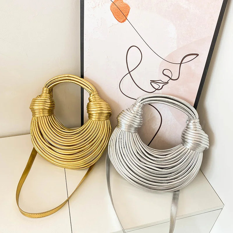 RTS Gold Crescent Handbag Unique Designer Bag Metallic Statement Purse Ladies Woven Handbag Shoulder Underarm Bag for Women