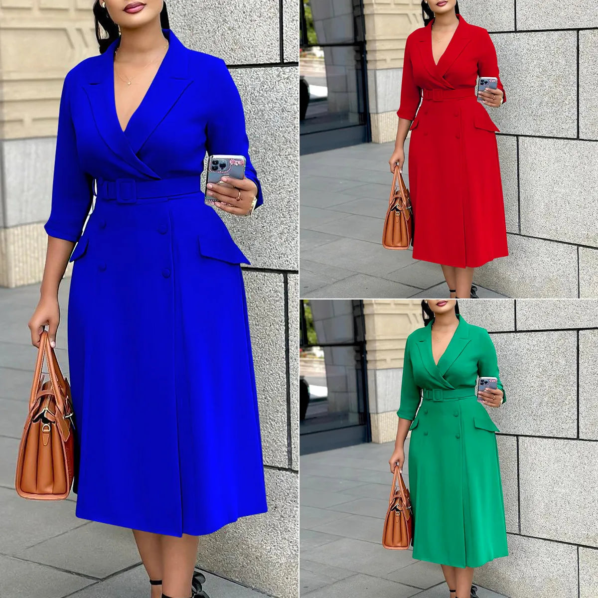 D3294 Trendy Autumn Dresses Women Casual Elegant Double Breasted Three Quarter Suit Collar Office Lady Formal Dress for Women