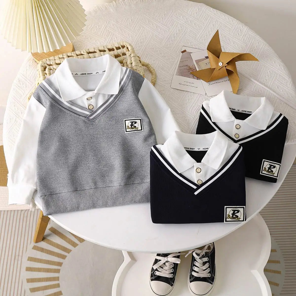 Toddler Boys Hoodies Sweatshirt Boys Sweatshirts Fashionable Lapel POLO Shirt False Two Pieces Available in Large Sizes