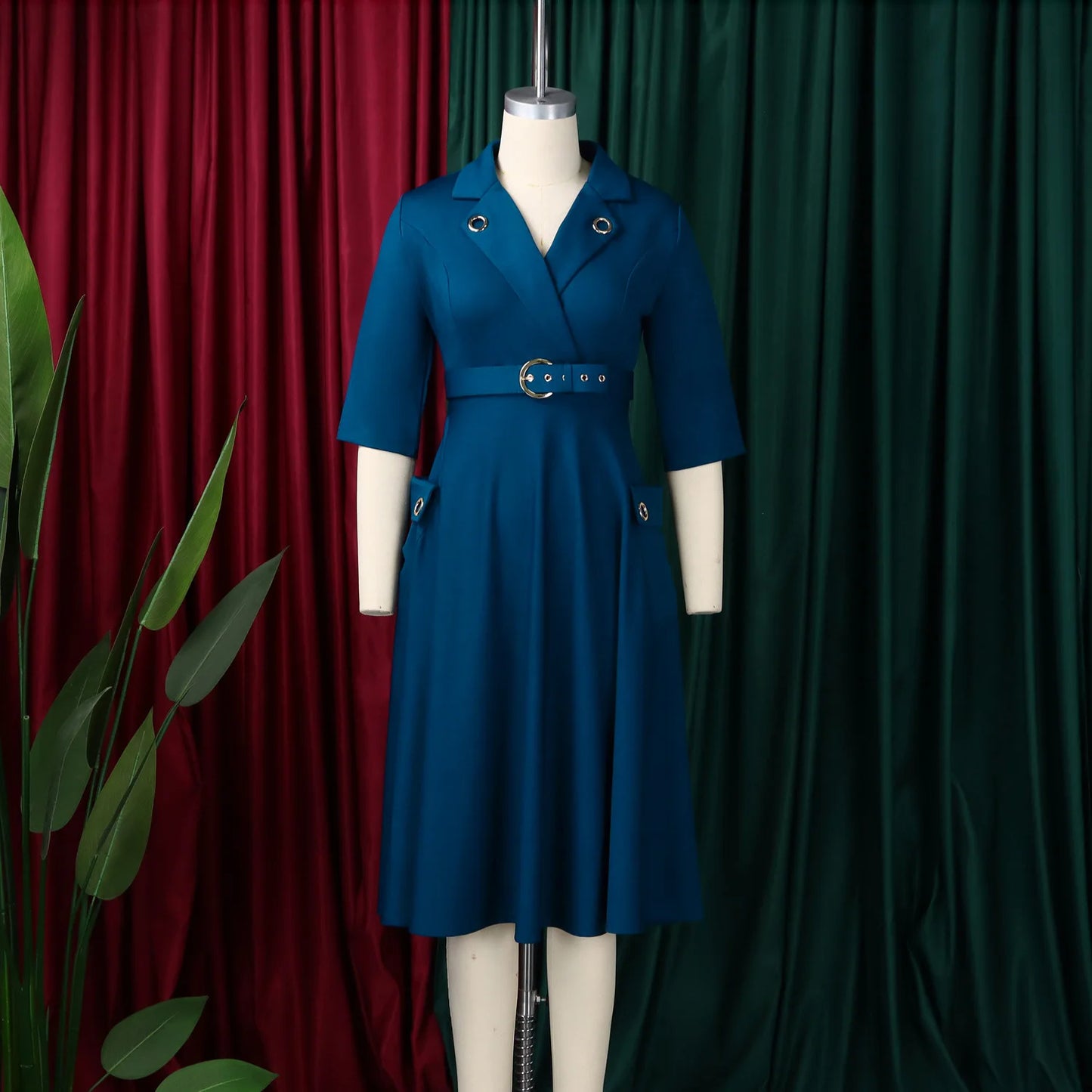 D3341 Trendy Career Dresses Women Casual Elegant Half Sleeve Suit V Collar Office Dresses Women Formal Work African Dresses