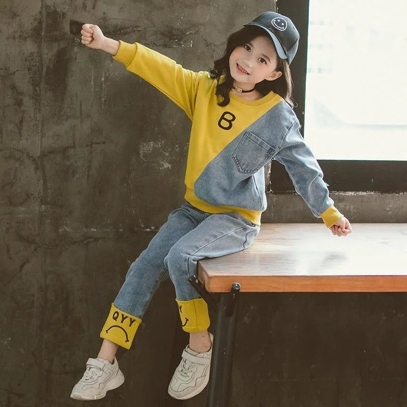 Winter Girls Clothing Sets Denim Kids Tracksuit Long Sleeve Sweater Jeans Trousers Sport Suits for Girl Baby Clothes