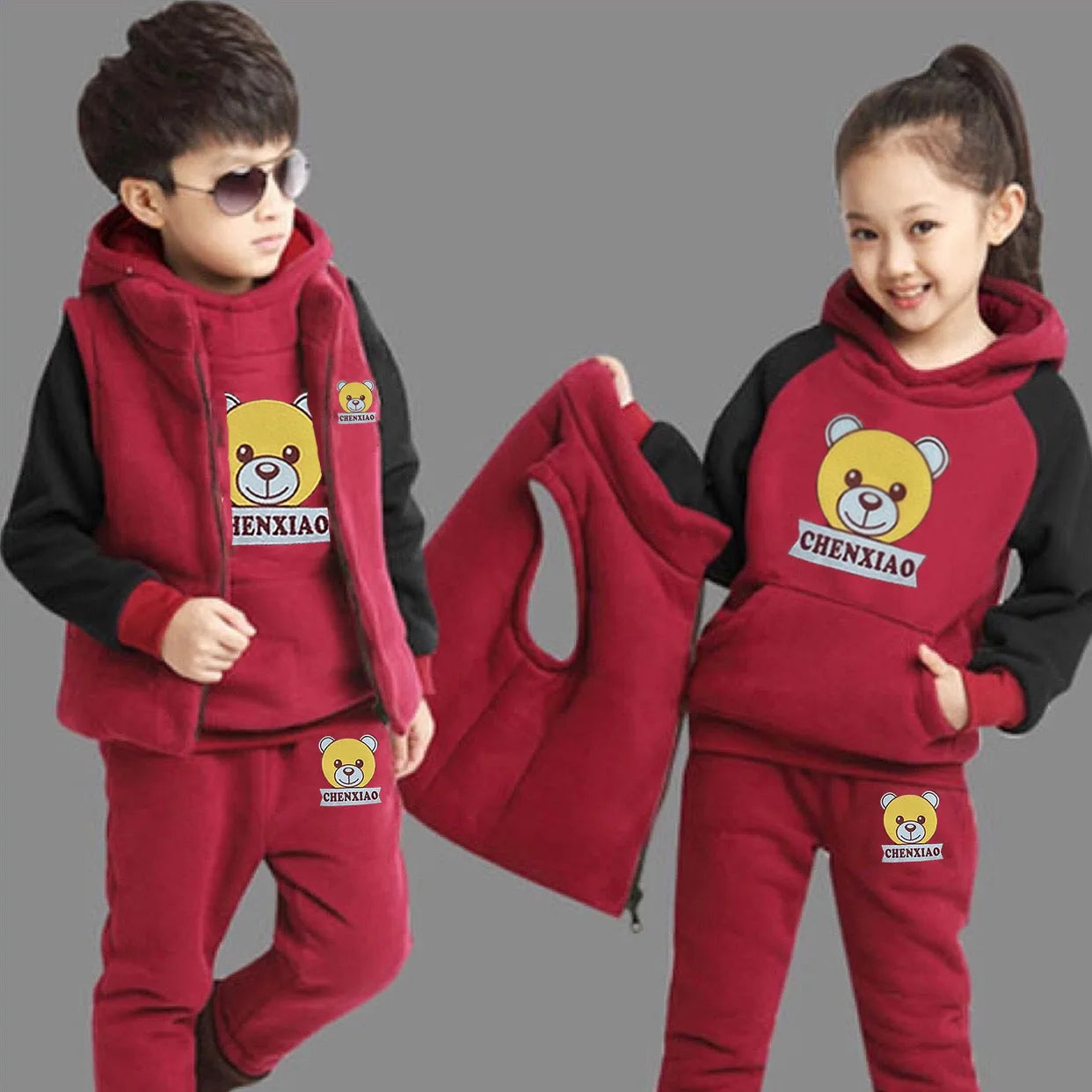 Autumn Winter Children's Casual Three-Piece Outfit Boys Girls Fleece Warm Tops Pants Vest Cartoon Pattern Kids Clothing Sets