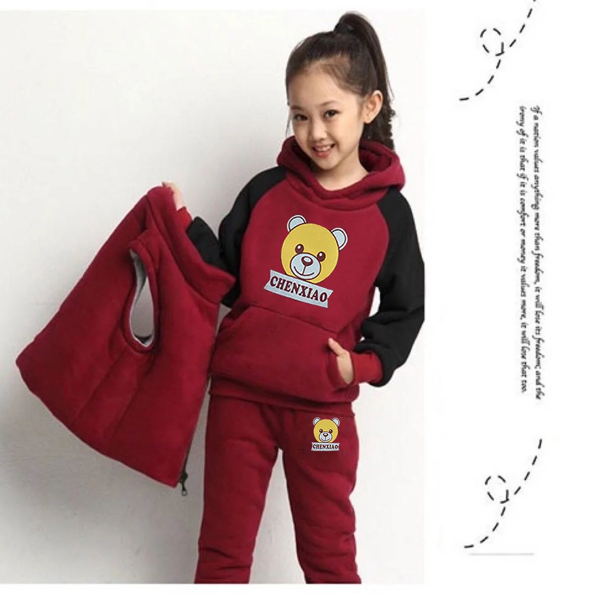 Autumn Winter Children's Casual Three-Piece Outfit Boys Girls Fleece Warm Tops Pants Vest Cartoon Pattern Kids Clothing Sets