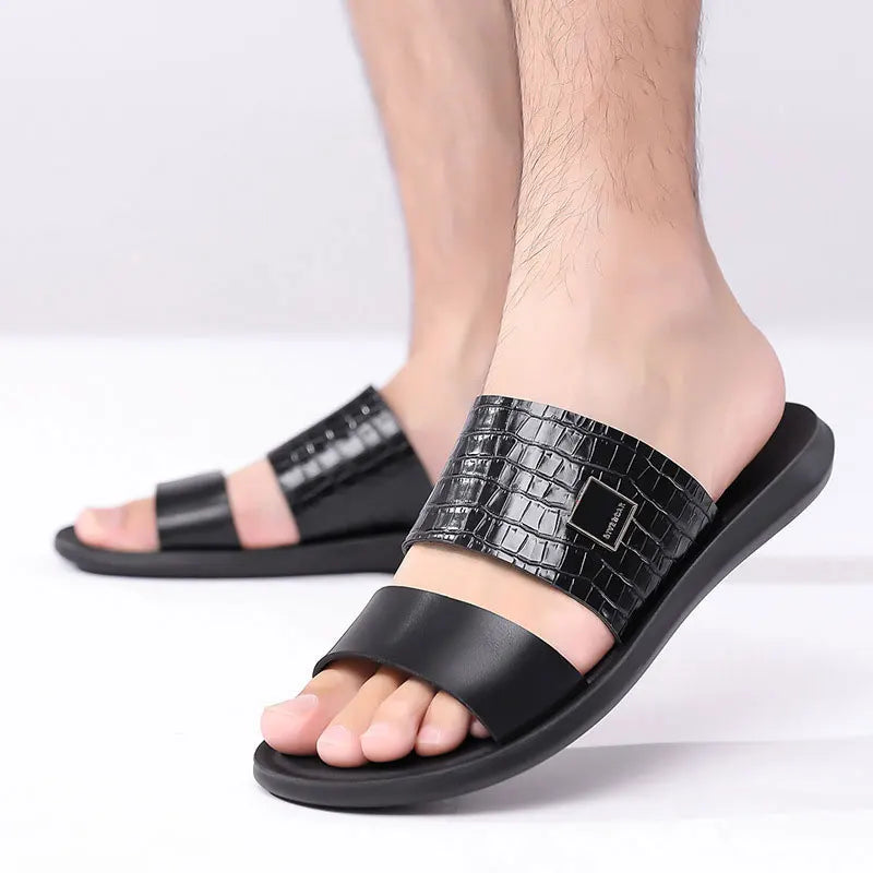 Men's Large Size Casual Summer Sandals Comfortable Open-Toe Outdoor Slippers Embroidery PU Upper Breathable