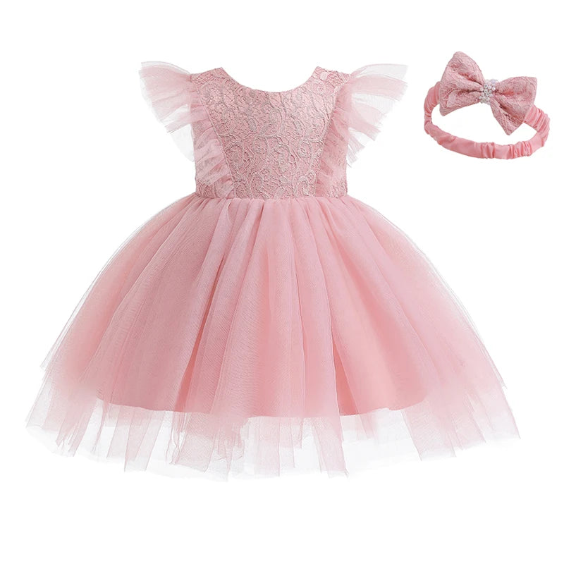 High Quality Ruffle Lace Baby Girls Boo Dress Newborn Photoshoot Red Oldrose Party Wedding Dress for 8 Months Kids in Guangzhou