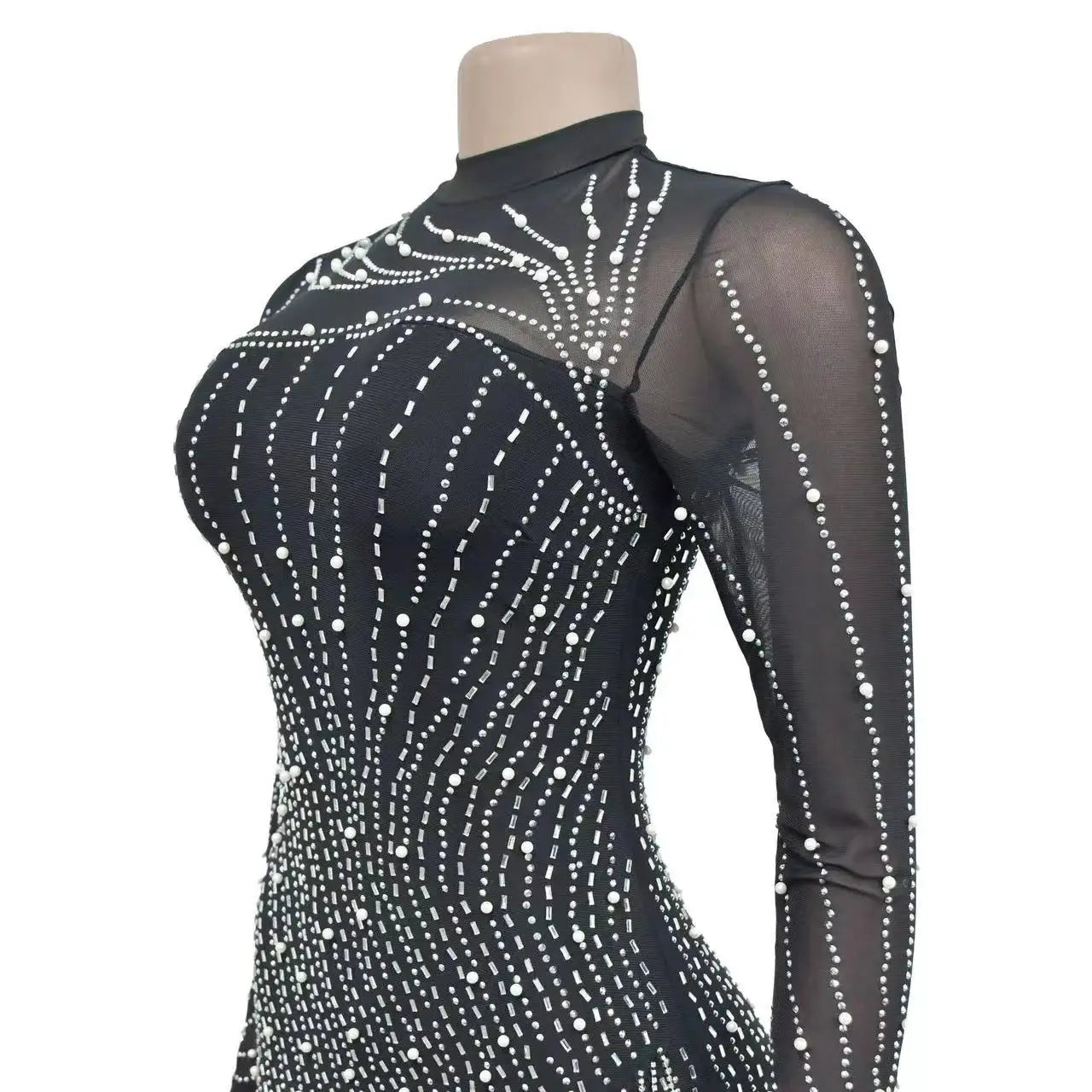 Black Color Long Sleeve Women's Sexy Night Club Bodycon Rhinestone Dress With High Stretch Mesh Diamond Skirt