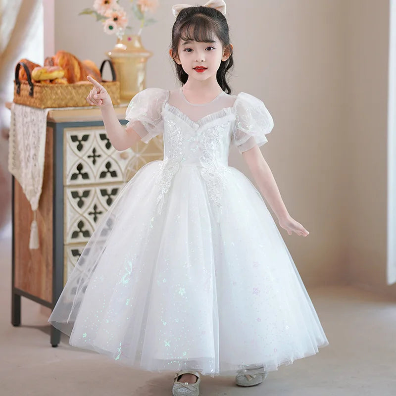 Elegant Princess Lace Dress Kids Flower Embroidery Dresses for Girls Vintage Children Dresses for Christmas Party Red Ball Gown