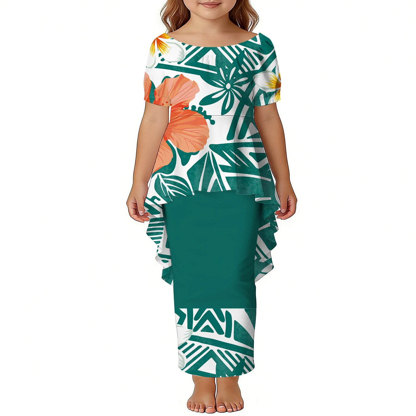 Custom Girls Puletasi Set Dress Top and Skirts Pacific Island Design Plus Size Kids Dress Short Sleeve Toddler Clothes Two Piece