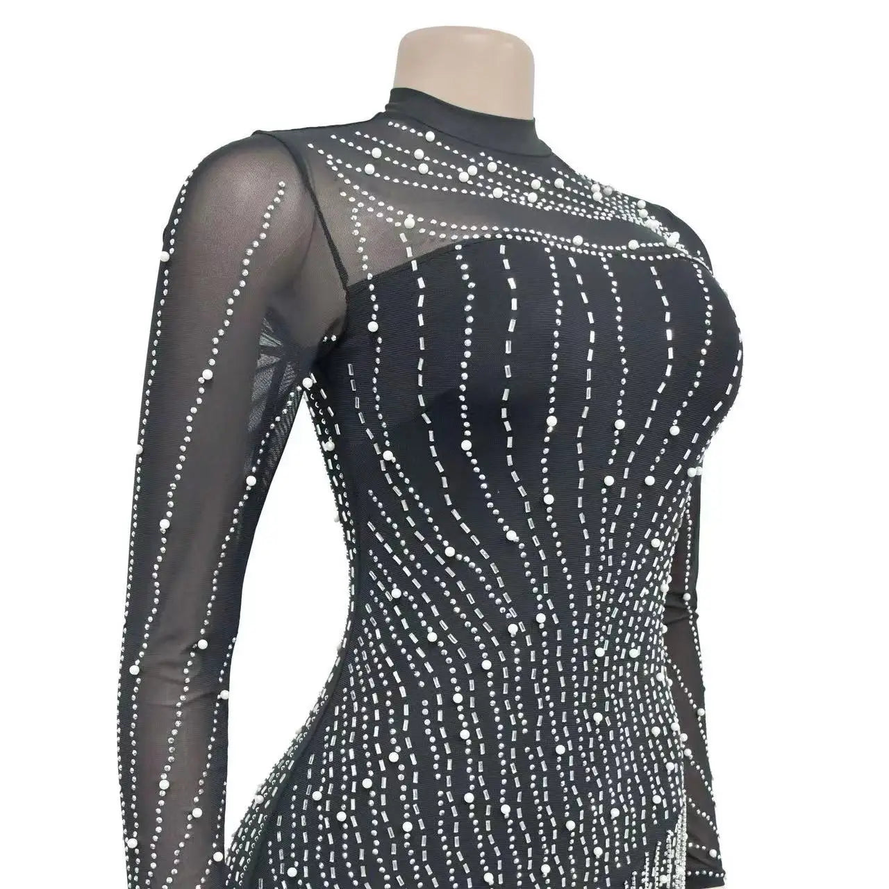Black Color Long Sleeve Women's Sexy Night Club Bodycon Rhinestone Dress With High Stretch Mesh Diamond Skirt