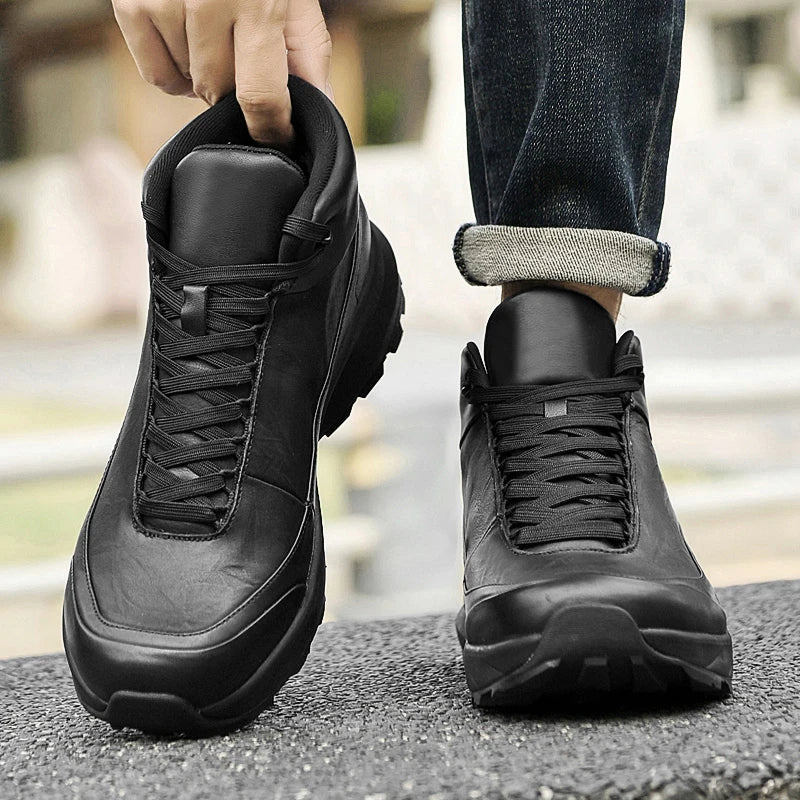 Factory Supply Custom LOGO Service Hand Made Soft-Sole Middle Top Men's Pure Cow Genuine Leather Casual Boot Sneaker Shoes