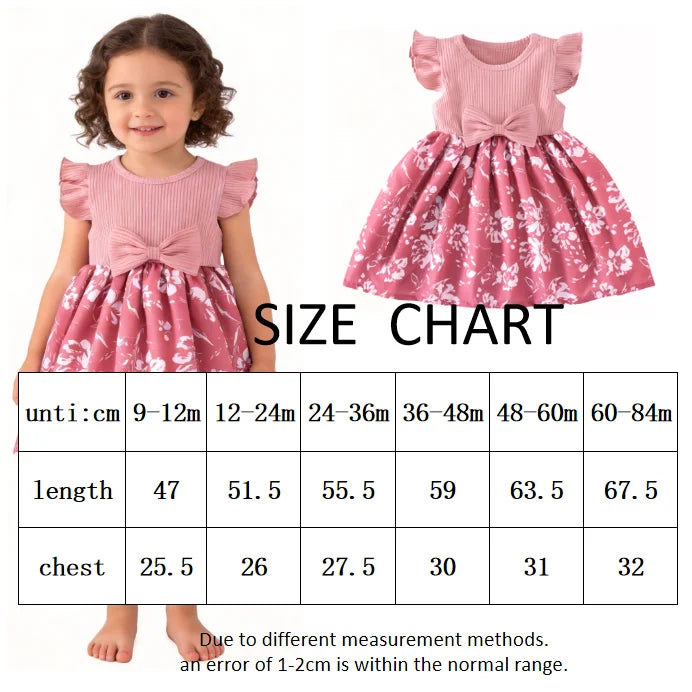 Toddler Girls Casual Floral Print Sleeveless Knee-Length Dress Bow Ruffle Chiffon Patchwork Summer Soft Stretchy Kids Clothes