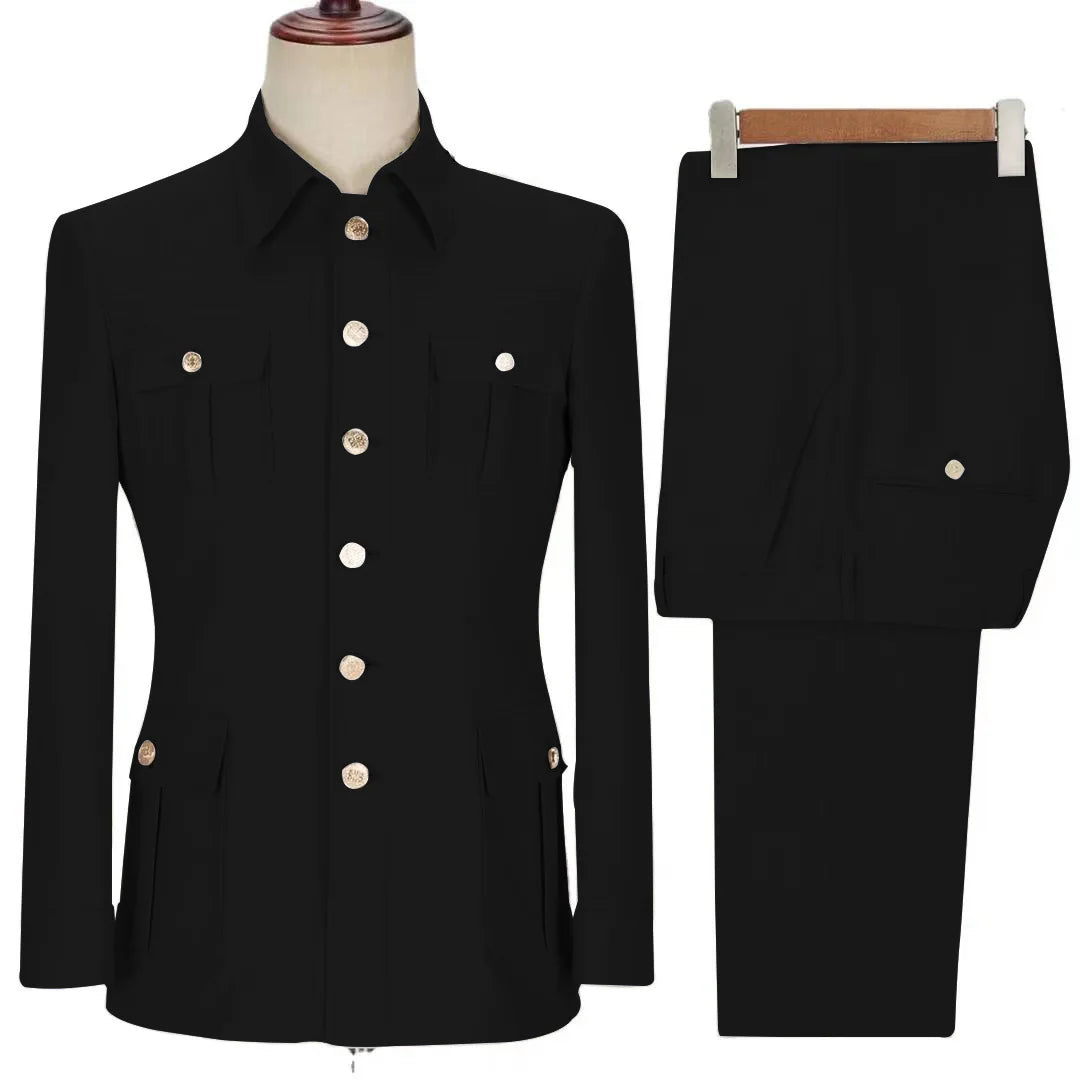 Asian sizes Solid Color Multi-Pocket Single Breasted Lapel Men's Zhongshan Collar Suit 2 Piece Set Sehe Fashion