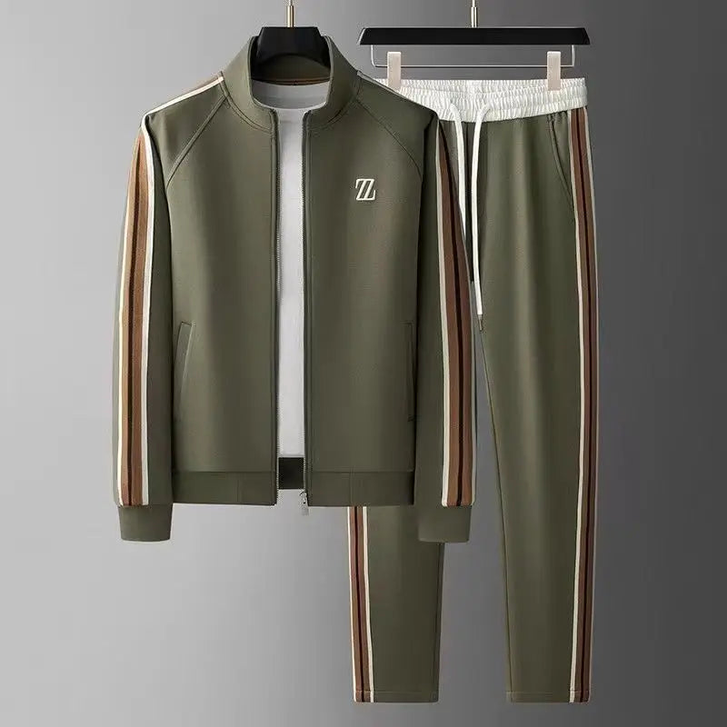 Men's Spring Solid Vertical Collar Casual Sports Suit Trendy Fashion Sportswear Long Sleeve Straight Pants Two-piece Set 100%