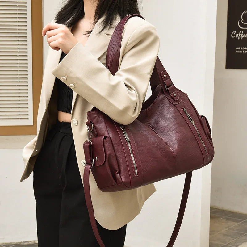 Cowhide Leather Women Crossbody PU Black Shoulder Bag European American Style Fashionable Large Capacity PU Zipper Handle Bags
